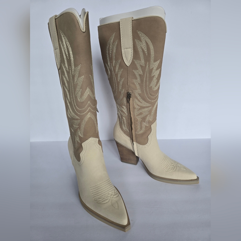 Dolce Vita Blanch Two-Tone Cream and Taupe Nubuck Knee-High Western Boots